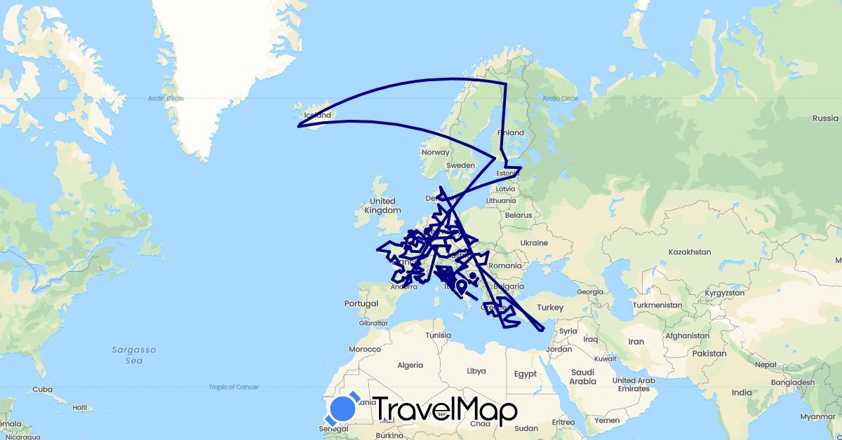 TravelMap itinerary: driving in Andorra, Austria, Bosnia and Herzegovina, Belgium, Cyprus, Czech Republic, Germany, Denmark, Estonia, Finland, France, Greece, Croatia, Hungary, Iceland, Italy (Asia, Europe)