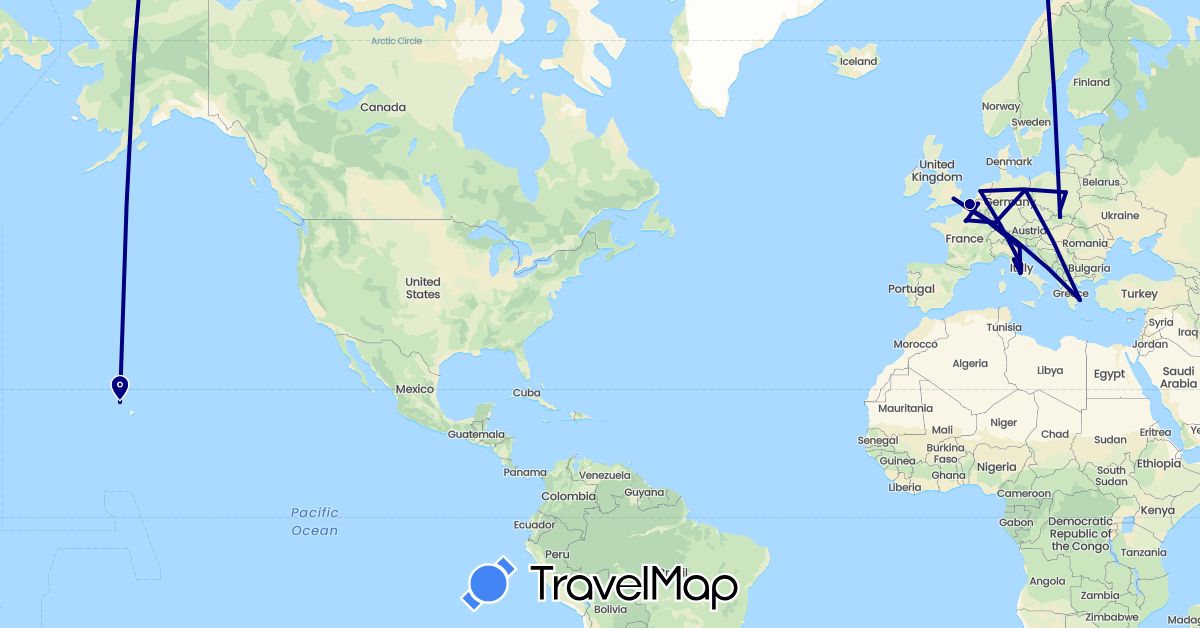 TravelMap itinerary: driving in Belgium, Germany, France, United Kingdom, Greece, Italy, Netherlands, Poland, United States, Vatican City (Europe, North America)